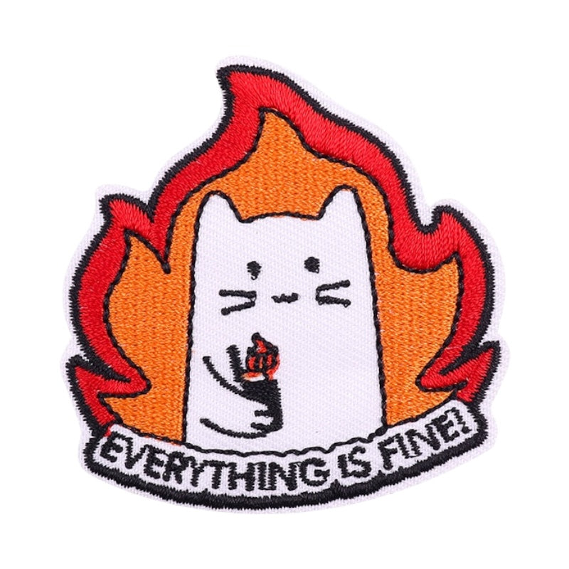 Tissu Broderie | Patch Ecusson Thermocollant Chat en Feu | Humour | Dessin Animé Mignon | Kawaii I'm Fine