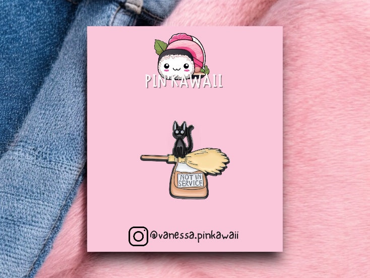 Pin's Broche Email | Chat Balai Sorcière | Chat Noir | Kawaii | Mignon Dessin Animé