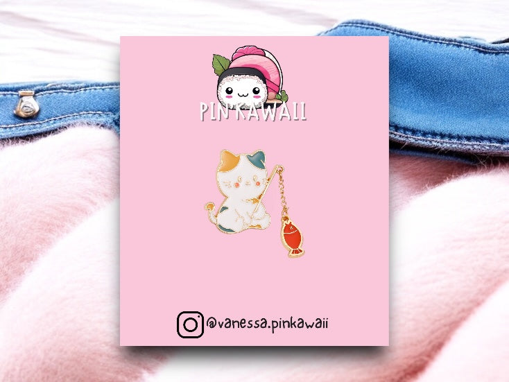 Pin's Broche Email | Chat Cane à Peche Poisson Rouge ou Bleu | Kawaii | Mignon