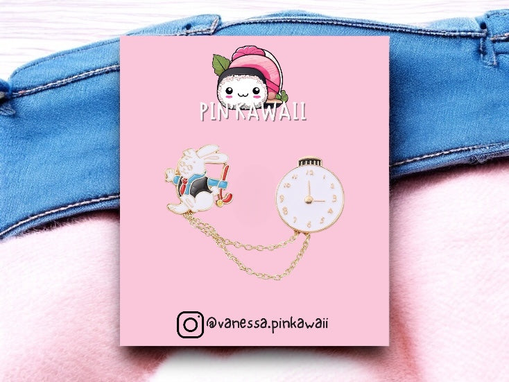 Lot de 2 Pin's Broche Email | Alice aux Pays des Merveilles | Lapin En Retard Alice | Kawaii Mignon