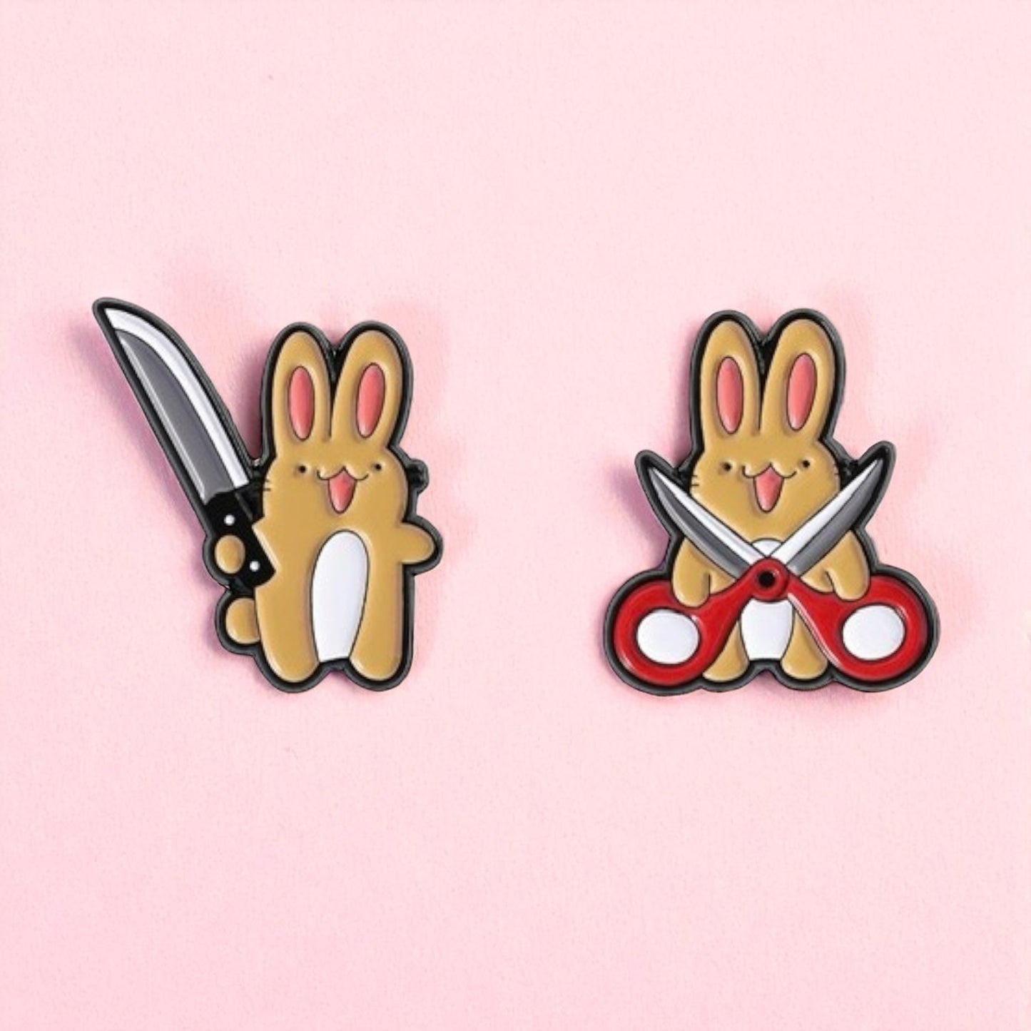 Pin's Broche Email | Lapin Ciseaux ou Couteau | Mignon | Kawaii | Fun | Humour