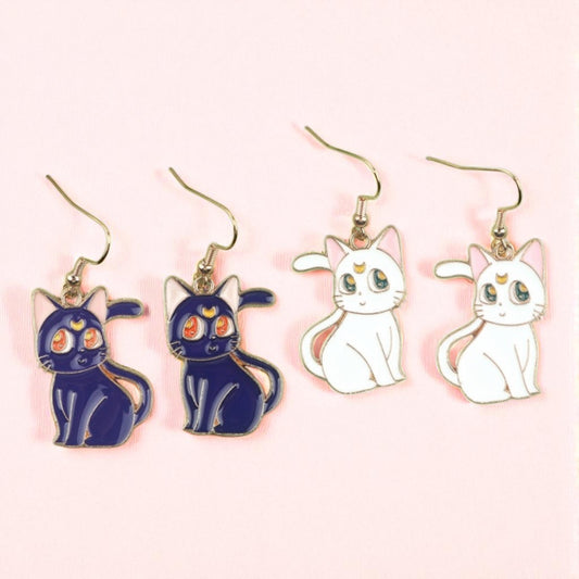 Boucles Oreilles | Pendants d'oreilles | Chat Noir ou Blanc | Cuivre Plaqué Or