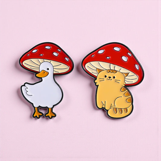 Pin's Broche Email | Canard ou Chat Chapeau Champignon | Mignon | Kawaii | Fun | Humour