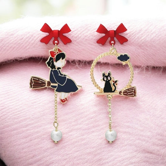 Boucles Oreilles | Pendants d'oreilles | Chat Noir Sorcière Balai | Cuivre Plaqué Or