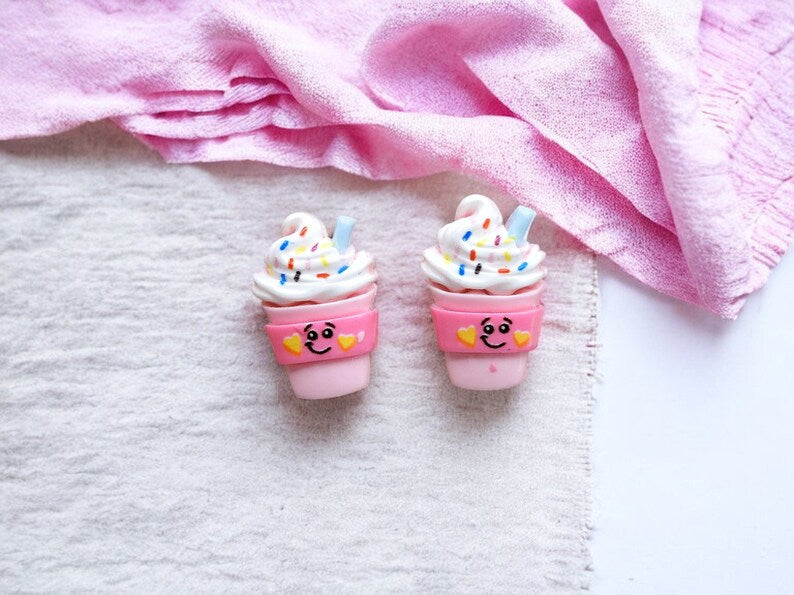 Earrings | Pink Iced Coffee Frappuccino with Cute Faces | Ice Cream | Kawaii Iced Coffee