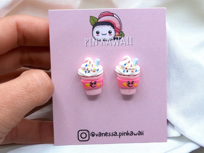 Earrings | Pink Iced Coffee Frappuccino with Cute Faces | Ice Cream | Kawaii Iced Coffee