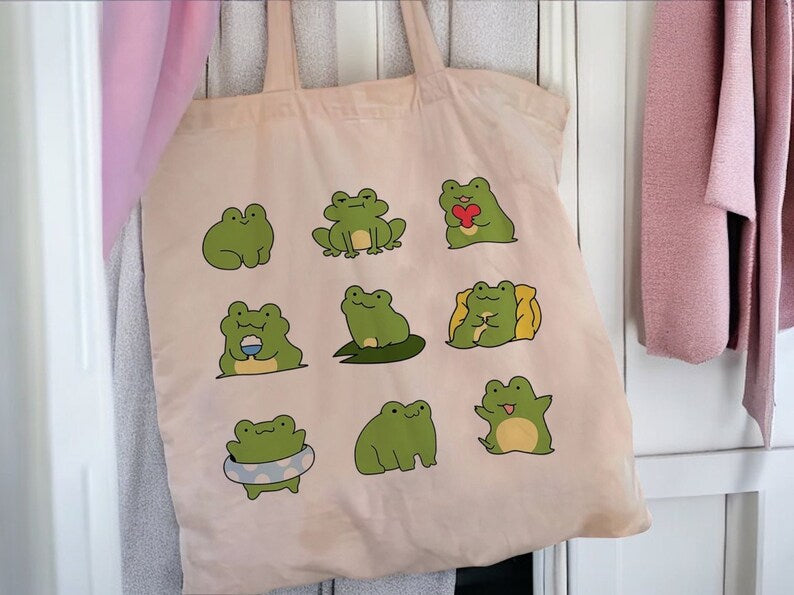 Tote Bag Sac Course Sac d'épaule | Sac en toile | Grenouilles | Kawaii | Mignon