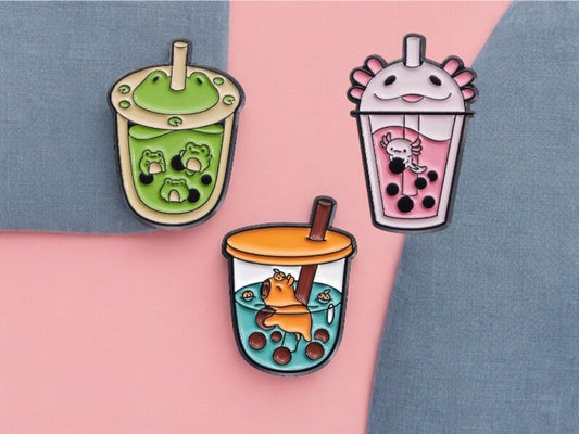 Pin's Broche Email | Boisson Smoothie | Sirop | Grenouille Axolotl ou Cappy | Kawaii | Fun | Humour