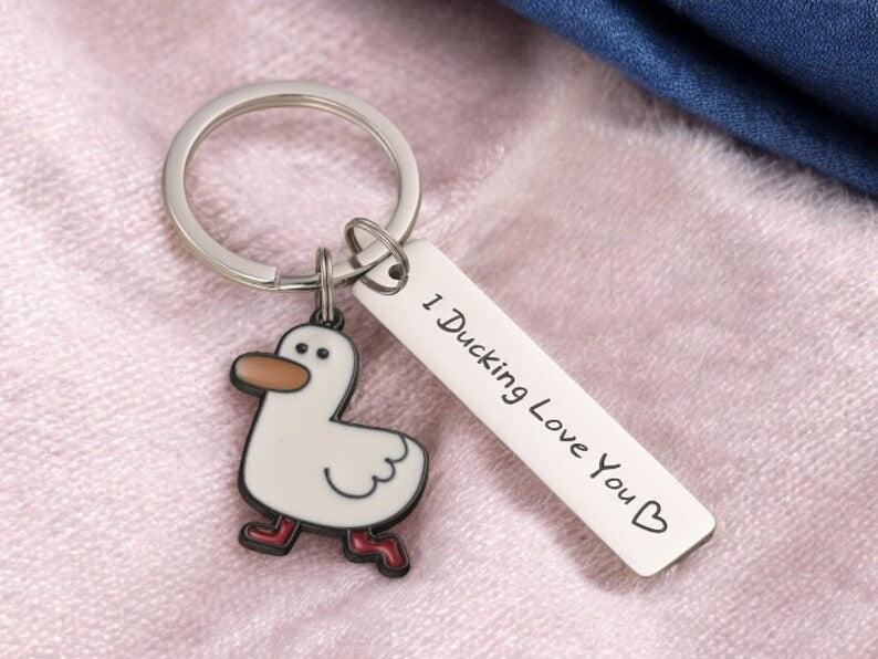 Porte Clés Acier Inoxydable | Canard Ducking Love you | Mignon Dessin Animée | Humour | Kawaii | Mignon Amoureux