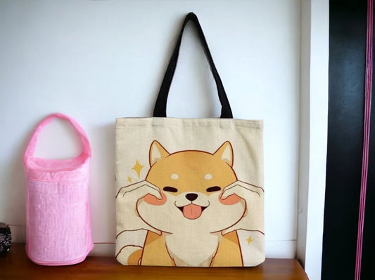 Tote Bag Sac Course Sac d'épaule | Coton et Lin | Chien Kawaii Joues Pincées | Humour Mignon | Couleur et impression des 2 Cotés