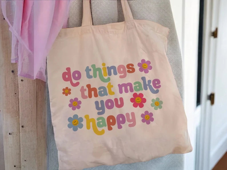 Tote Bag Sac Course Sac d'épaule | Sac en toile | Do Things Make You Happy | Hippie Style | Flowers Rainbow