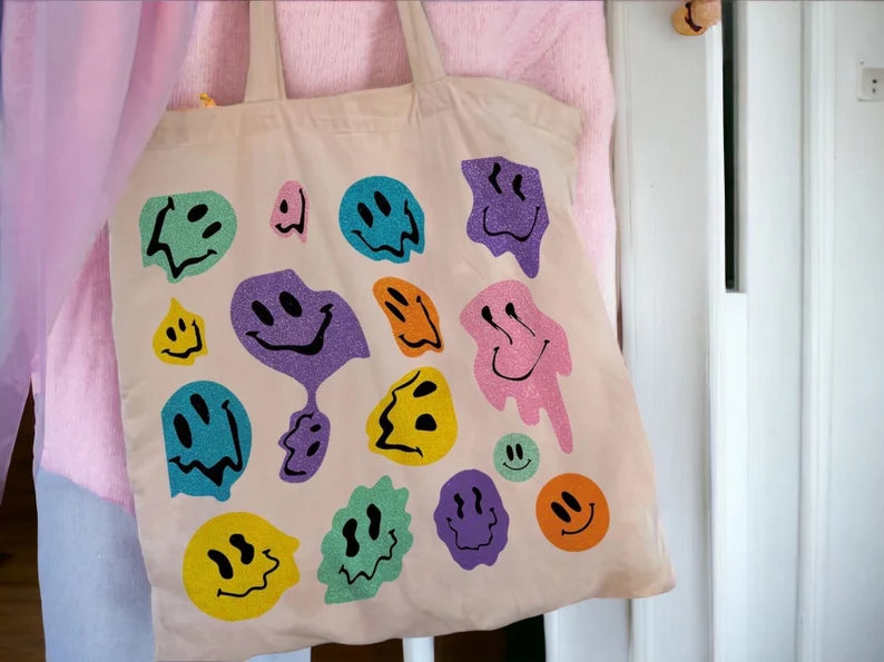 Tote Bag Sac Course Sac d'épaule | Sac en toile | Smiley Sourires Couleurs | Hippie Style | Flowers Rainbow