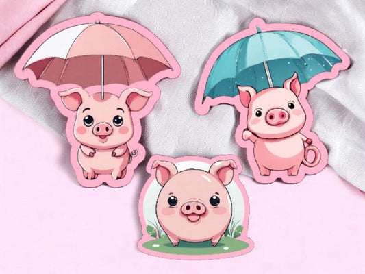 Set of 3 Stickers | Stickers | Glossy Vinyl | Pig | Cute | Umbrella | Kawaii