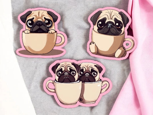 Lot de 3 Stickers | Autocollants | Vinyl Brillant | Bouledogue | Chien Mignons | Pugs | Kawaii