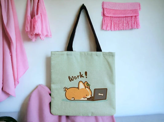 Tote Bag Sac Course Sac d'épaule | Coton et Lin | Chien Kawaii sur Ordinateur | Work | Couleur et impression des 2 Cotés