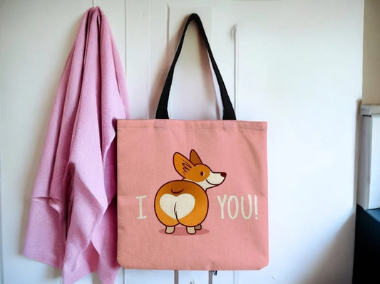 Tote Bag Sac Course Sac d'épaule | Coton et Lin | Chien Kawaii Coeur sur les Fesses Humour | I love you | Couleur et impression des 2 Cotés