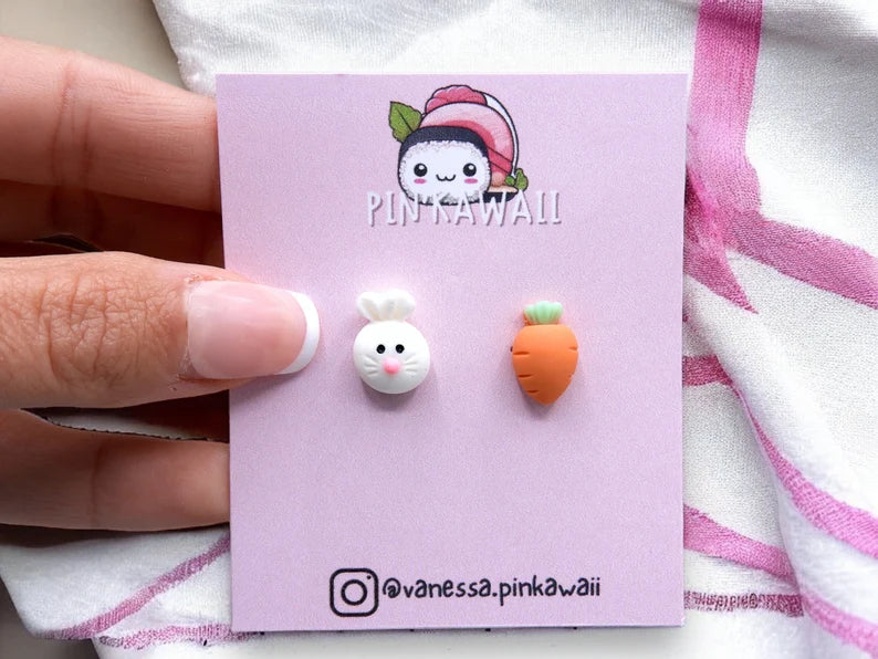 Boucles d'oreilles Résine | Lapin et Carotte | Duo Rigolo | Kawaii Mignon