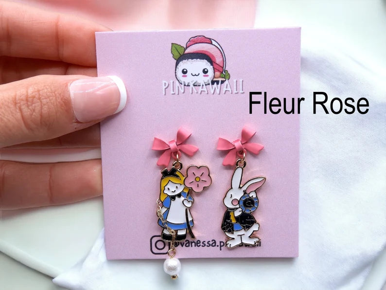 Boucles Oreilles | Pendants d'oreilles | Alice aux Pays des Merveilles | Lapin En Retard Alice | Cuivre Plaqué Or