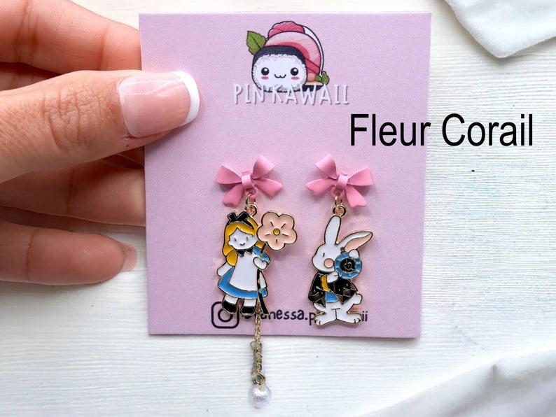 Boucles Oreilles | Pendants d'oreilles | Alice aux Pays des Merveilles | Lapin En Retard Alice | Cuivre Plaqué Or