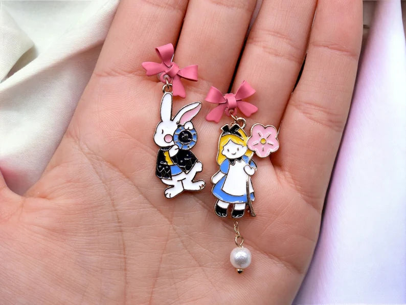 Boucles Oreilles | Pendants d'oreilles | Alice aux Pays des Merveilles | Lapin En Retard Alice | Cuivre Plaqué Or