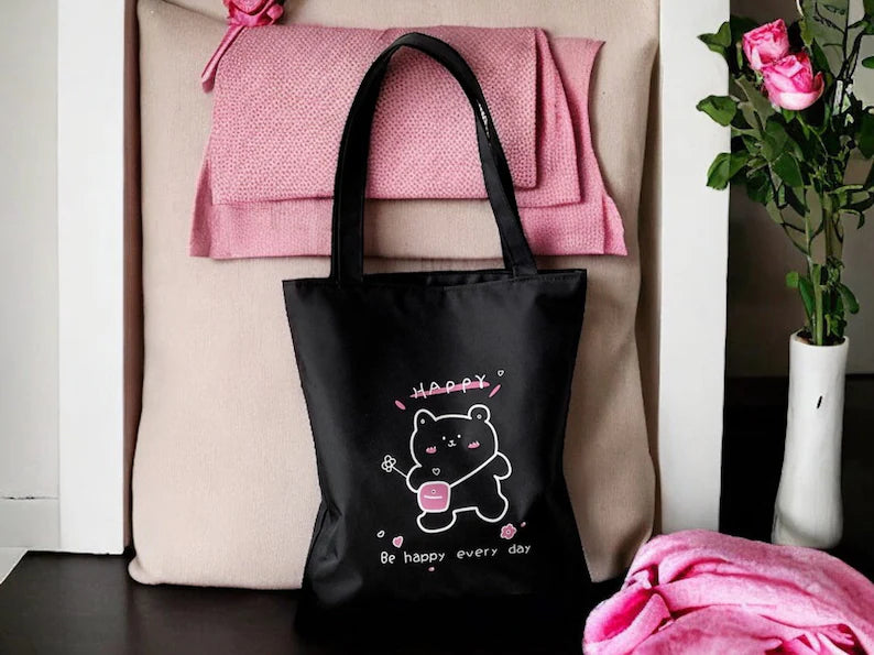 Tote Bag Running Bag Shoulder Bag | Canvas Bag | Happy Kawaii |Flower | Zipper and Interior Pocket