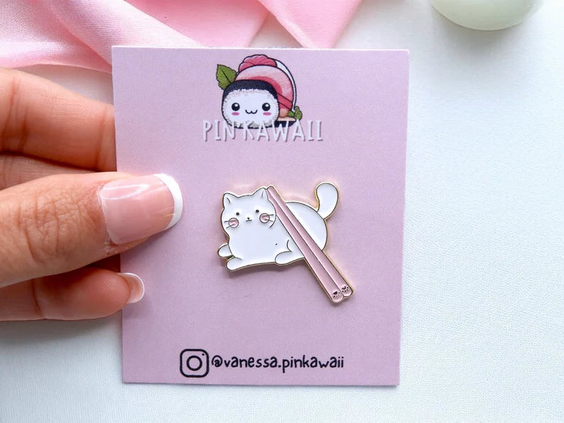 Pin's Broche Email | Chat Cuisine Asiatique Kawaii | Bol de Chat ou Baguette Chinoise Chat | Kawaii | Fun | Humour