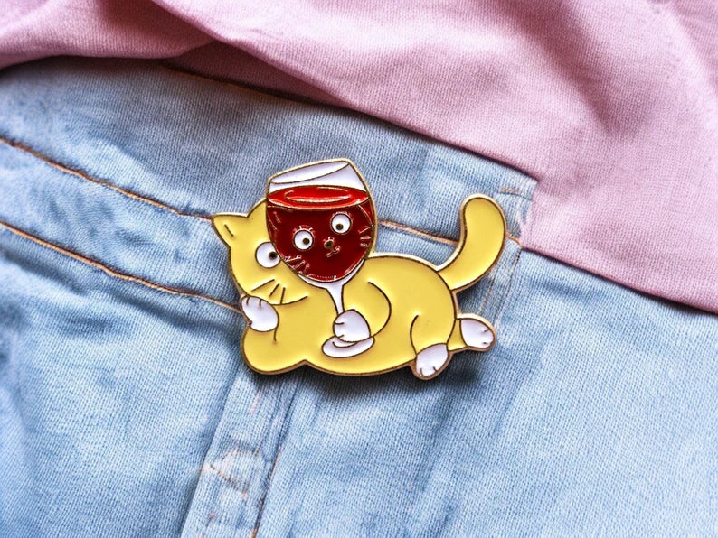 Pin's Broche Email | Chat Verre de Vin | Chat | Cute Mignon | Humour Fun Amoureux de Vin | Kawaii