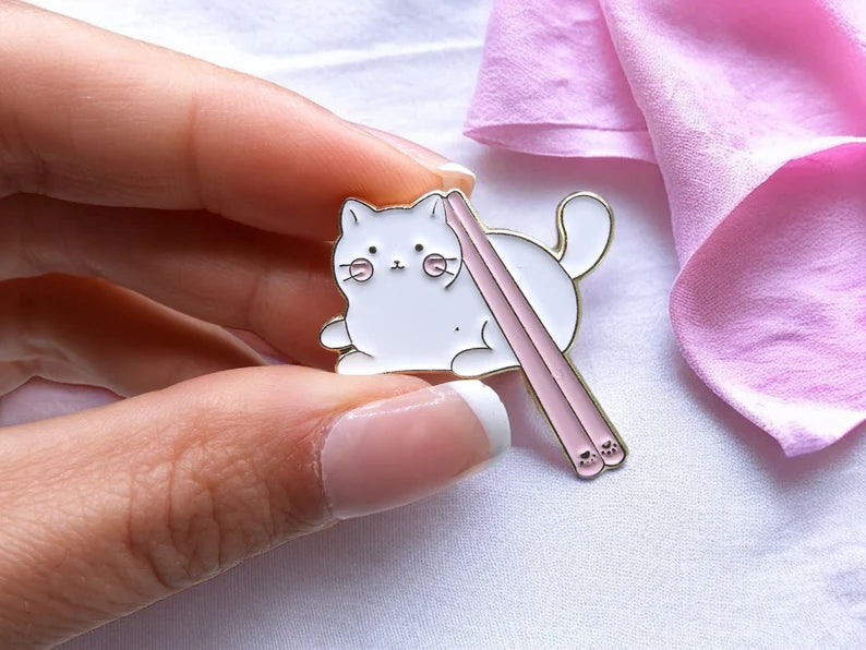 Pin's Broche Email | Chat Cuisine Asiatique Kawaii | Bol de Chat ou Baguette Chinoise Chat | Kawaii | Fun | Humour