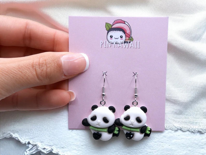 Boucles Oreilles | Pendants d'Oreilles |  Panda Bamboo | Bambou | Panda | Kawaii | Mignon