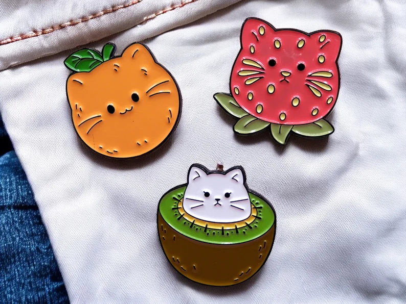 Email Brooch Pin | Cat Fruits | Orange, Strawberry and Kiwi | Kawaii | Fun | Humor