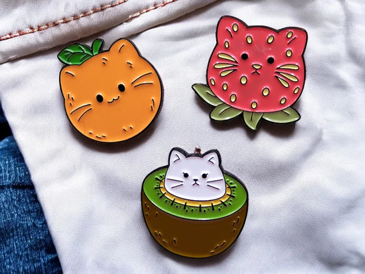 Email Brooch Pin | Cat Fruits | Orange, Strawberry and Kiwi | Kawaii | Fun | Humor