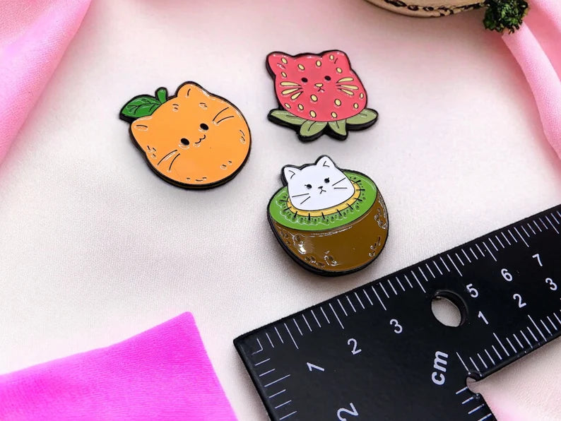 Email Brooch Pin | Cat Fruits | Orange, Strawberry and Kiwi | Kawaii | Fun | Humor