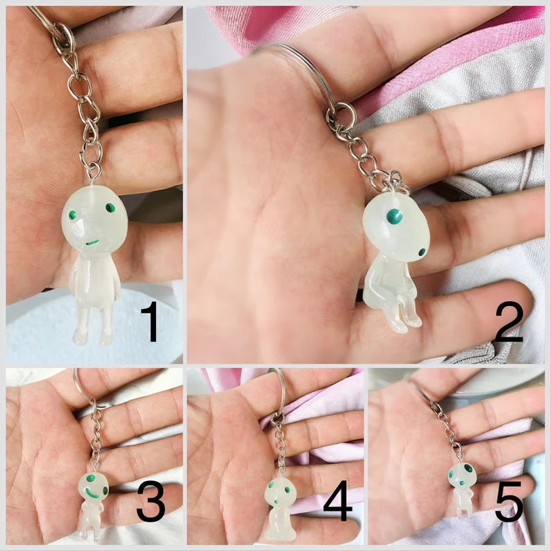 Keychain | Mononoke | Kodama | Forest Spirit | Kawaii | Cute | Bag Pendant | Metal Silver Phosphorescent