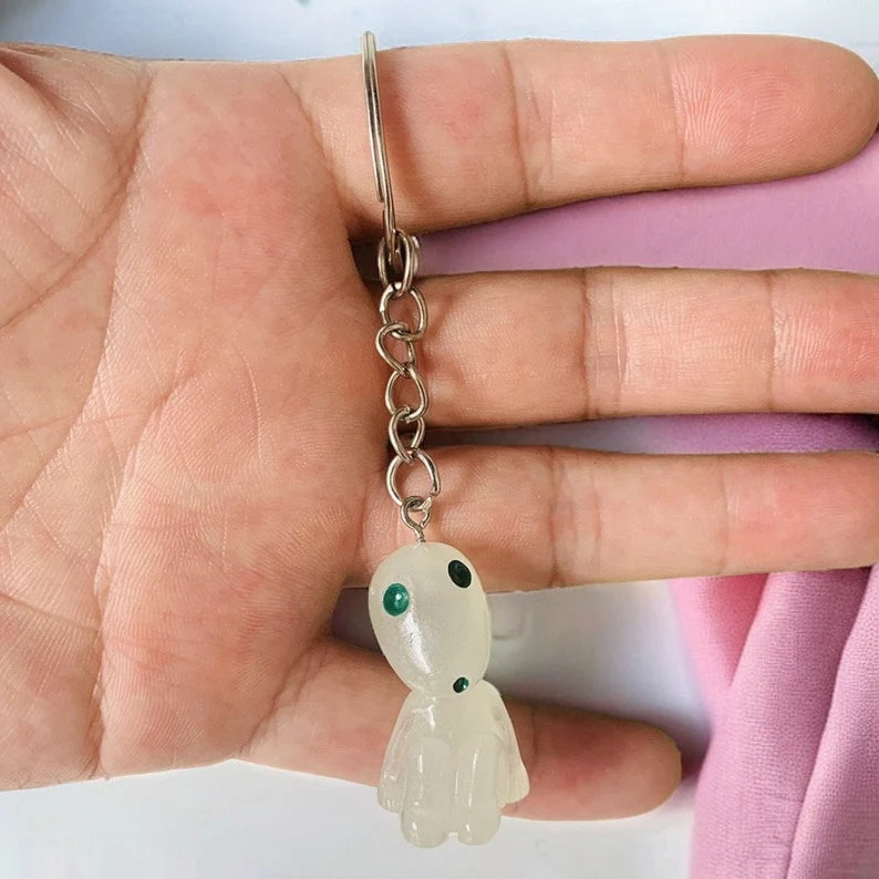 Keychain | Mononoke | Kodama | Forest Spirit | Kawaii | Cute | Bag Pendant | Metal Silver Phosphorescent