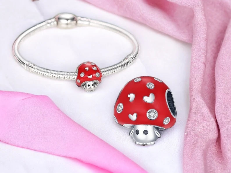 Pendentifs de Collier ou Bracelet | Charms |  Rouge Mignon Petit Champignon Kawaii | Argent 925