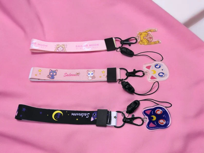 Lanière Courte Téléphone Mobile | Lanière Acrylique | Dispositif pour Téléphone ou Badge | Créatures Mignonnes Kawaii Sailor Moon Chat Noir