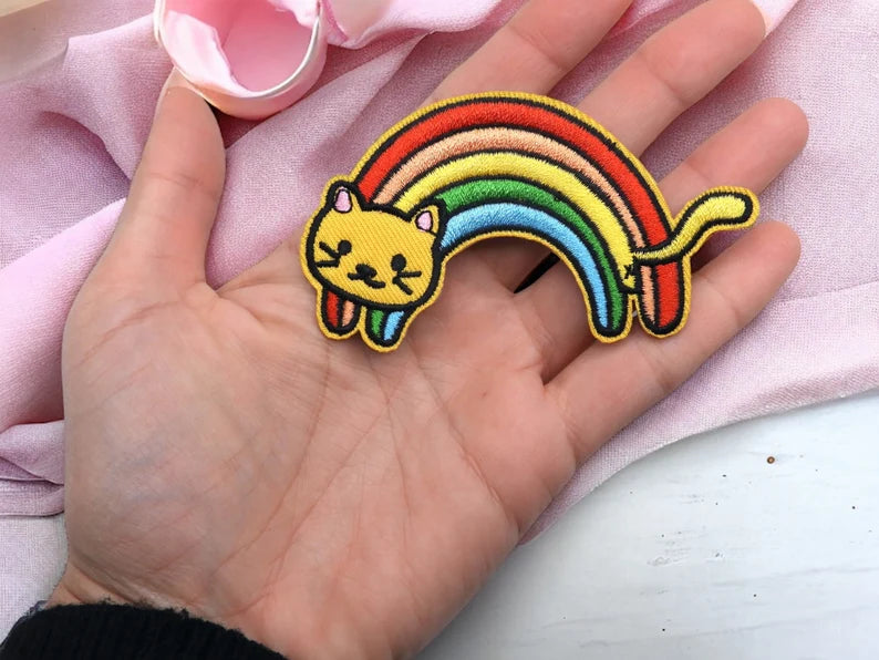 Embroidery Fabric | Rainbow Cat Iron-on Patch | Rainbow | Kawaii | Cute Cartoon