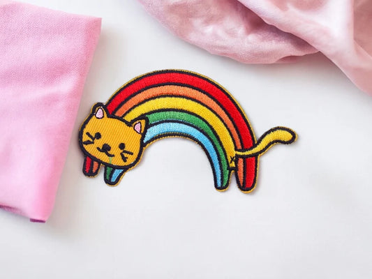 Tissu Broderie | Patch Ecusson Thermocollant Chat Arc en Ciel | Rainbow | Kawaii | Mignon Dessin Animé