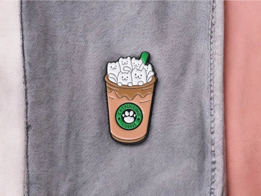 Pin's Broche Email | Thermos de Café | CatPuccino | Capuccino | Mignon |Kawaii | Fun | Humour