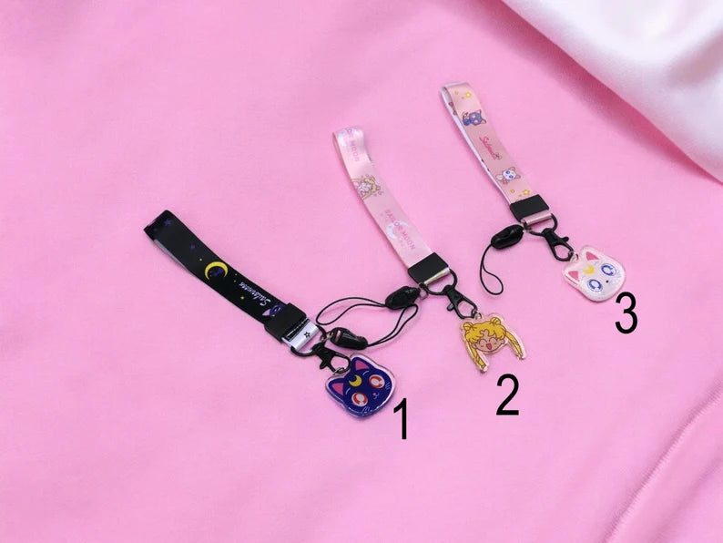 Lanière Courte Téléphone Mobile | Lanière Acrylique | Dispositif pour Téléphone ou Badge | Créatures Mignonnes Kawaii Sailor Moon Chat Noir