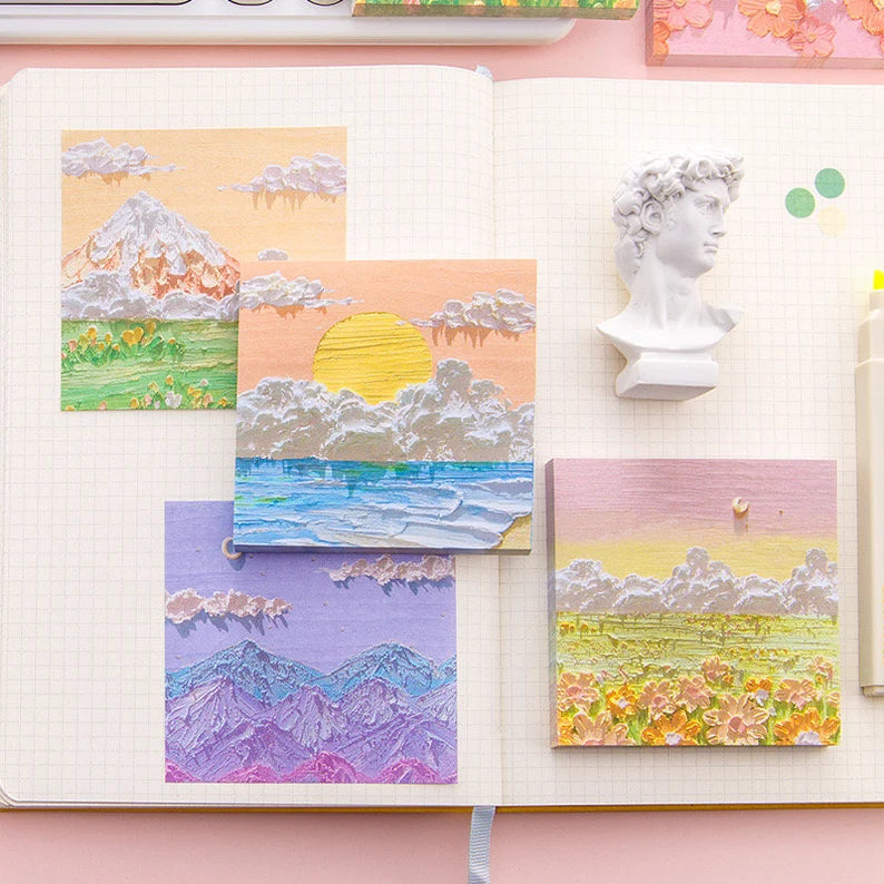 Autocollant de Note de Message | Imitation Peinture Paysage Coloré | Papeterie | Style Kawaii | Accessoires | Post It | Mignon