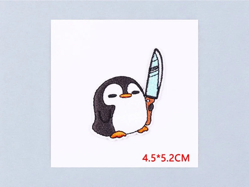 Embroidery Fabric | Penguin Knife Iron-on Patch | Humor | Cute Cartoon | Kawaii