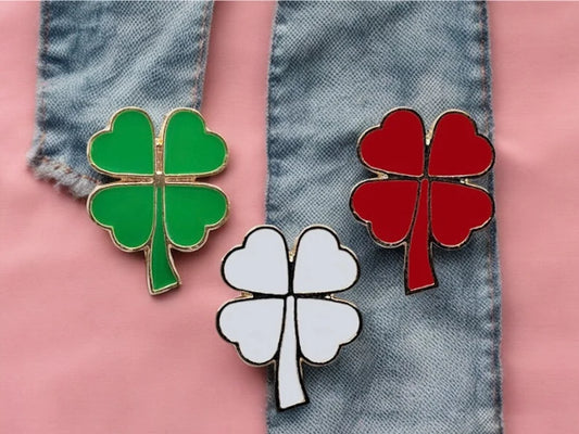 Pin's Broche Email | Trèfle chanceux | Vert Rouge Blanc | 4 feuilles de trèfle | Kawaii