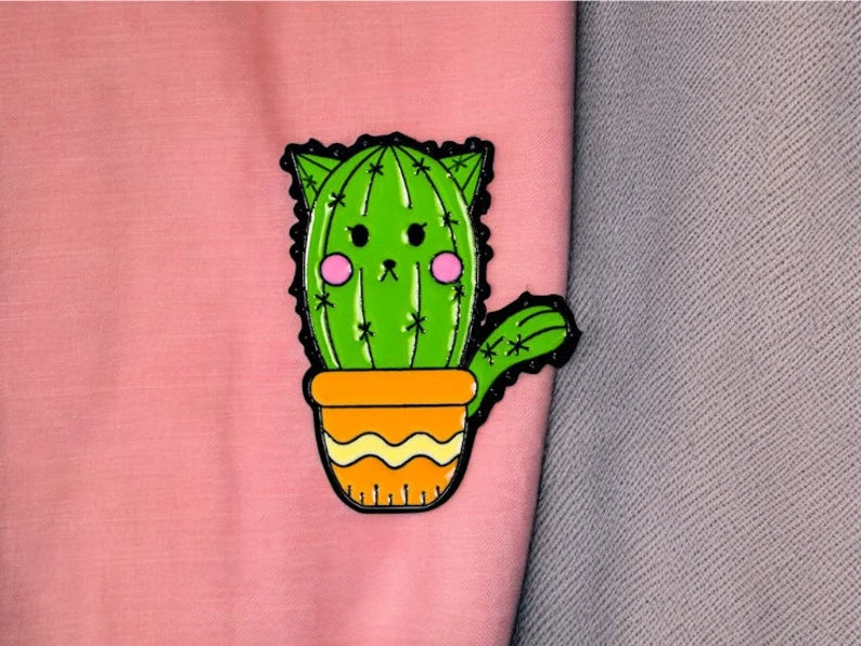 Email Brooch Pin | Cute Cactus Cat | Kawaii | Fun Humor Cacti Flower Pot