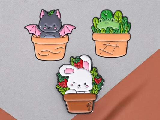 Pin's Broche Email | Mignon Cactus Chauve Souris Lapin Grenouille | Kawaii | Fun Humour Pot de Fleur Cactés