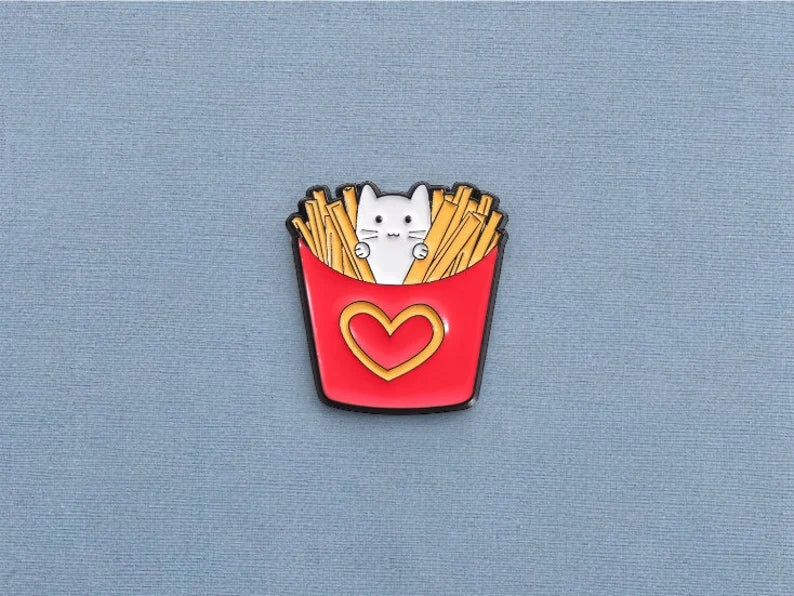 Pin's Broche Email | Chat Frites ou Donuts | Fast Food | Amoureux des Chats | Kawaii | Fun | Humour