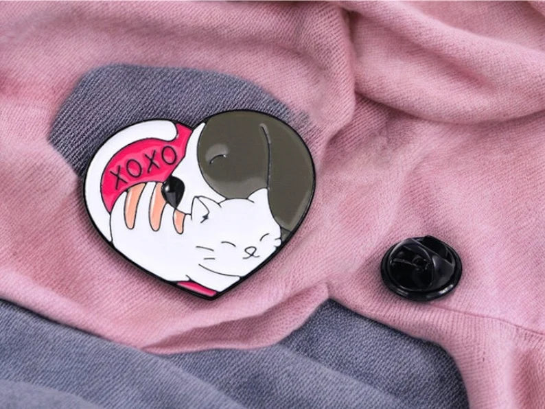 Email Brooch Pin | Heart Cuddle Dog and Cat | XoXo | Cute Cute | Humor Fun Animal Lover | Kawaii