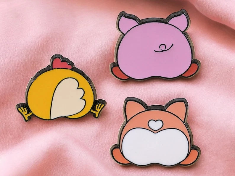 Email Brooch Pin | Behind, Animal Butts | Chicken Dog Pig | Kawaii | Fun | Cute Cartoon