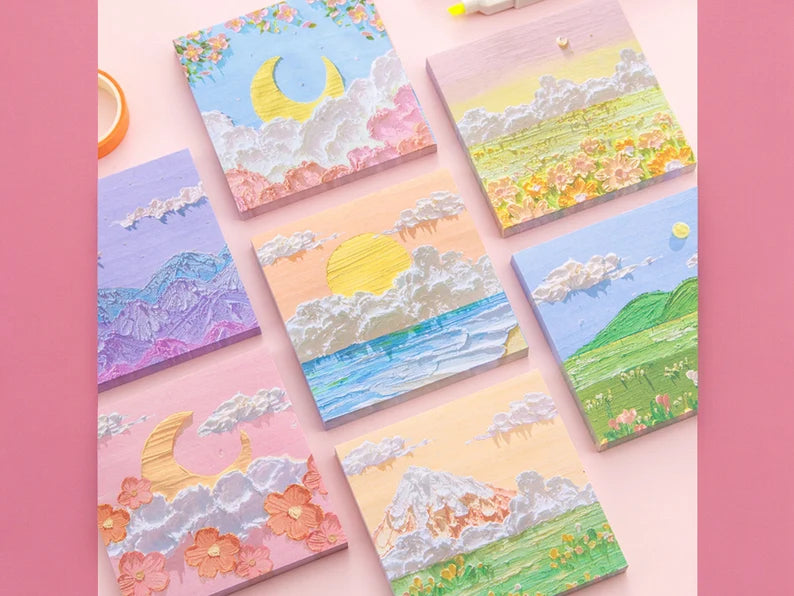 Autocollant de Note de Message | Imitation Peinture Paysage Coloré | Papeterie | Style Kawaii | Accessoires | Post It | Mignon