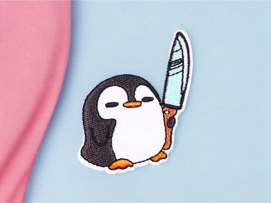 Embroidery Fabric | Penguin Knife Iron-on Patch | Humor | Cute Cartoon | Kawaii